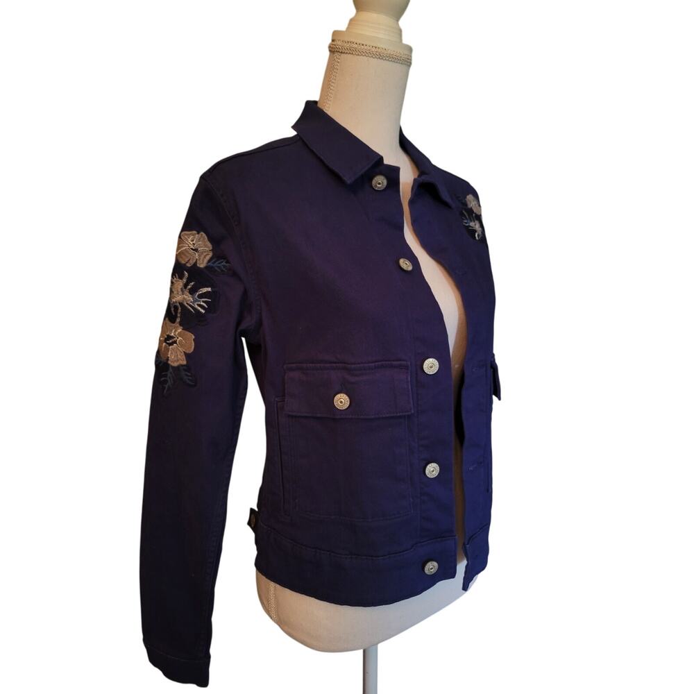 LuLaRoe Womens S Kenny Jacket Embroidered Flowers Collared Button Casual Blue